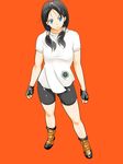  1girl bike_shorts black_hair blue_eyes boots breasts dragon_ball dragonball_z fingerless_gloves gloves highres legs long_hair looking_away medium_breasts red_background s580 simple_background smile solo standing thighs twintails videl 