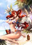  adjusting_hair armpits ass barefoot beach bikini blue_eyes breasts cleavage day earrings hair_ornament hair_over_one_eye highres jewelry large_breasts league_of_legends lotion_bottle midriff nal_(nal's_pudding) navel ocean palm_tree red_hair sarah_fortune sitting skirt sky swimsuit towel tree wariza water wings 