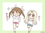  artist_name blonde_hair brown_hair buruma chibi commentary fang framed gym_uniform hair_ribbon happy jako_(jakoo21) kantai_collection long_hair multiple_girls name_tag ribbon running shoes socks sparkle tone_(kantai_collection) translated twintails twitter_username white_ribbon yuudachi_(kantai_collection) 