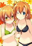  bikini blue_eyes blush bow breasts brown_hair cleavage fujishiro_emyu hair_bow hoshizora_rin kousaka_honoka looking_at_viewer love_live! love_live!_school_idol_project medium_breasts multiple_girls one_eye_closed one_side_up orange_hair short_hair small_breasts smile swimsuit yellow_eyes 