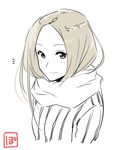  artist_name blush brown_hair light_smile long_hair looking_at_viewer monochrome original poaro scarf simple_background sketch solo spot_color sweater upper_body white_background 