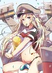  2014_fifa_world_cup alternate_costume ball bismarck_(kantai_collection) black_panties blonde_hair blue_eyes blush breasts fifa_world_cup_trophy germany hat kantai_collection long_hair looking_at_viewer medium_breasts mouth_hold mushiboy navel panties peaked_cap shirt_pull side-tie_panties soccer soccer_ball solo trophy underwear whistle world_cup 