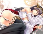  ass bare_shoulders black_hair black_legwear breasts brown_eyes cleavage detached_sleeves eko haruna_(kantai_collection) headgear jewelry kantai_collection large_breasts long_hair looking_at_viewer lying nontraditional_miko on_side panties pantyshot pantyshot_(lying) ring skirt solo striped striped_panties thighhighs underwear wedding_band 