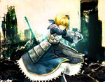  ahoge armor armored_dress artoria_pendragon_(all) blonde_hair blue_eyes dress fate/stay_night fate_(series) faulds kinoto_(ruindivinity) saber solo sword weapon 