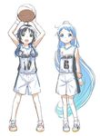  :d arms_behind_back arms_up basketball basketball_uniform blue_eyes blue_hair green_eyes kantai_collection long_hair low_twintails multiple_girls no_socks open_mouth samidare_(kantai_collection) shoes simple_background smile sneakers socks sportswear suzukaze_(kantai_collection) sweatband twintails very_long_hair watarai_keiji white_background 