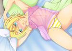  aqua_eyes babydoll blonde_hair blush bow cameltoe covered_nipples fang flat_chest hair_between_eyes hair_bow hair_ornament hairband hairclip kagamine_rin lying navel nipples no_bra open_mouth panties pillow see-through short_hair solo striped striped_panties tad_s underwear vocaloid 
