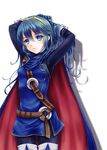  blue_eyes blue_hair fire_emblem fire_emblem:_kakusei hands_in_hair long_hair looking_at_viewer lucina simple_background solo symbol-shaped_pupils tiara white_background 