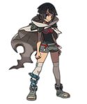  1girl black_hair breasts cape dark_skin female higana_(pokemon) large_breasts lowres official_art poke_ball pokeball pokemon pokemon_(game) pokemon_oras red_eyes sandals short_hair shorts smile 