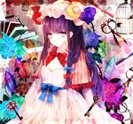  bad_id bad_pixiv_id birdcage blue_flower blue_rose bow cage capelet character_name crescent crescent_hair_ornament daimaou_ruaeru flower hair_bow hair_ornament hat highres key long_hair patchouli_knowledge purple_eyes purple_hair rose solo touhou 