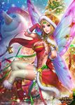  antennae armlet bell blonde_hair blue_eyes boots breasts christmas_tree cleavage copyright_name fairy fairy_wings fur_trim gloves hand_on_hip hat high_heel_boots high_heels large_breasts magnus_ignis navia_the_guiding_fairy noel_navia nudtawut_thongmai official_art red_gloves santa_costume santa_hat snowing snowman solo thighhighs transparent_wings watermark web_address wings 