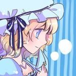  blonde_hair blue_eyes crescent dress hat kokonoha_mikage letter lowres maribel_hearn ribbon short_hair smile solo star touhou 