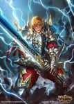  armor arthur_the_thunder_king blonde_hair blue_eyes copyright_name earrings facial_hair gauntlets greaves jewelry lightning magnus_ignis male_focus nudtawut_thongmai official_art shiny shiny_clothes shoulder_armor solo spaulders stubble sword watermark weapon web_address 