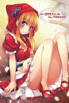  annie_hastur blonde_hair english full_body green_eyes hood league_of_legends legs long_hair looking_at_viewer mary_janes mikanneko no_socks red_hood red_skirt shoes sitting skirt smile solo 