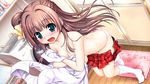  bekkankou blue_eyes blush braid brown_hair covering covering_breasts daitoshokan_no_hitsujikai dutch_angle fujimiya_sakuya game_cg hair_ornament hime_cut long_hair open_mouth panties pink_panties plaid plaid_skirt skirt skirt_pull solo surprised tide topless underwear undressing washing_machine 