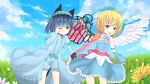  1girl ahoge angel angel_wings animal_ears asymmetrical_wings blonde_hair blue_eyes blue_hair borrowed_character cassie_(acerailgun) cat_ears cat_tail cloud cloudy_sky cyborg day detached_sleeves dress feathered_wings flat_chest flower frilled_dress frills grass green_eyes hairband holding_hands kiki_(tsunya) mechanical_arm mechanical_wings one_eye_closed original otoko_no_ko outdoors petals ryoune_yami sky tail wings 