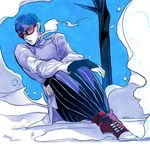  blue_hair breath bridal_gauntlets catsizuru curly_hair ghiaccio glasses jojo_no_kimyou_na_bouken male_focus pants shoes sneakers snow solo striped striped_pants vertical-striped_pants vertical_stripes 