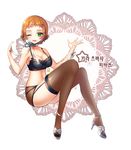  artist_name black_bra bra breasts brown_hair brown_legwear choker full_body garter_straps green_eyes high_heels kira_tsubasa korean large_breasts looking_at_viewer love_live! love_live!_school_idol_project navel one_eye_closed pikatsu short_hair sitting solo thighhighs transparent_background underwear 