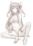  bikini blush breasts downscaled hair_ribbon highres long_hair looking_at_viewer md5_mismatch medium_breasts monochrome navel original resized ribbon ricci sitting sketch smile solo spread_legs swimsuit thighhighs two_side_up very_long_hair 