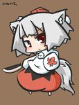  animal_ears artist_name bad_id bad_pixiv_id chibi hat inubashiri_momiji inunoko. leaf maple_leaf red_eyes shield short_hair silver_hair skirt solo sword tail tokin_hat touhou weapon wolf_ears wolf_tail 