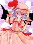  bad_id bad_pixiv_id dress faux_traditional_media hair_between_eyes hands_on_own_head hat lavender_hair looking_at_viewer mob_cap nana_shibata_(tamjaopa) parted_lips pink_dress puffy_short_sleeves puffy_sleeves red_eyes remilia_scarlet short_hair short_sleeves slit_pupils smile solo touhou wrist_cuffs 