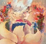  blonde_hair dress fox_tail hands_clasped hat long_sleeves multiple_tails own_hands_together pillow_hat profile red_eyes short_hair sleeves_past_wrists solo surumeri_(baneiro) tabard tail touhou wreath yakumo_ran 
