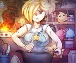  1girl apron artist_request blonde_hair blush chiko_(mario) cooking eyes_closed fire hair_over_one_eye lips luma mario_(series) ponytail rosalina_(mario) rosetta_(mario) super_mario_bros. super_mario_galaxy 