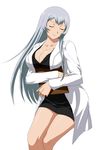 black_dress breasts chouun_shiryuu cleavage closed_eyes collarbone dress ikkitousen labcoat large_breasts long_hair silver_hair simple_background solo white_background 