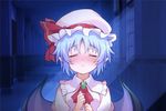  aa-rance ascot bad_id bad_pixiv_id bat_wings blush brooch closed_eyes dress hallway hat hat_ribbon highres incoming_kiss jewelry mob_cap moonlight night pink_dress pointy_ears remilia_scarlet ribbon solo touhou upper_body wings 