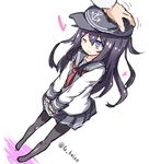  akatsuki_(kantai_collection) anchor_symbol beize_(garbage) black_legwear blush hand_on_another's_head hat kantai_collection long_hair long_sleeves no_shoes one_eye_closed pantyhose petting pleated_skirt purple_eyes purple_hair school_uniform serafuku skirt smile twitter_username v_arms 