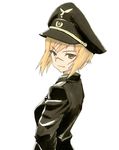  alternate_hairstyle bad_id bad_pixiv_id blonde_hair facial_scar folded_ponytail hanna_rudel hat jacket long_hair long_sleeves looking_back military military_uniform nose_scar peaked_cap ponytail scar shiratama_(hockey) simple_background solo uniform white_background world_witches_series yellow_eyes 