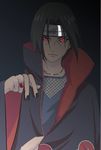  1boy akatsuki_(naruto) black_hair dark_background dstyd823 forehead_protector headband jewelry konohagakure_symbol long_hair male male_focus nail_polish naruto ninja red_eyes ring serious sharingan solo uchiha_itachi 