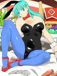  1girl animal_ears banana bare_shoulders blue_eyes bow bowtie breasts bulma bunny_ears bunny_girl bunnysuit carrot chair condom condom_packet_strip condom_wrapper dragon_ball dragonball_z food fruit grape grapes green_hair high_heels highres large_breasts legs long_hair looking_at_viewer pantyhose s580 solo thighs wrist_cuffs 