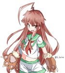  ahoge bear_paw beize_(garbage) blush brown_eyes brown_hair claws cowboy_shot fang huge_ahoge kantai_collection kuma_(kantai_collection) long_hair looking_at_viewer midriff navel sailor shorts sidelocks twitter_username white_background 