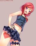  :d blush copyright_name dated flower frilled_skirt frills hand_on_hip highres leg_garter looking_at_viewer love_live! love_live!_school_idol_project midriff navel nishikino_maki open_mouth purple_eyes red_hair short_hair simple_background skirt smile solo tattoo yu-ta 