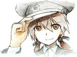  bad_id bad_pixiv_id black_ribbon brown_eyes brown_hair gertrud_barkhorn hair_ribbon hand_on_headwear hat jacket long_hair long_sleeves military military_uniform peaked_cap ribbon shiratama_(hockey) simple_background smile solo strike_witches traditional_media twintails uniform white_background world_witches_series 