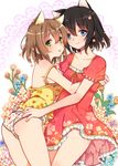  animal_ears ass bare_legs bare_shoulders black_hair blue_eyes brown_hair cat_ears collarbone dress floral_print green_eyes hands_on_another's_hips hug light_smile looking_at_viewer multiple_girls open_mouth original panties puffy_short_sleeves puffy_sleeves red_dress short_hair short_sleeves strap_slip thighs underwear waist_hug zonana 