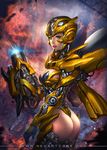  arm_cannon armor ass ass_cutout blue_eyes breasts bumblebee cleavage_cutout cowboy_shot explosion highres large_breasts lens_flare nudtawut_thongmai personification scratches smoke solo sparks transformers watermark weapon web_address 
