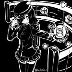  akitsu_maru_(kantai_collection) beize_(garbage) gloves greyscale hat hat_tip kantai_collection lantern long_sleeves military military_uniform monochrome peaked_cap pleated_skirt scroll shaded_face shadow short_hair skirt smile solo thighhighs twitter_username uniform zettai_ryouiki 