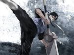  1boy bandage black_hair flak_jacket forehead_protector kicking kubikirihouchou male male_focus momochi_zabuza naruto solo sword weapon 