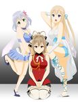  amagi_brilliant_park b_(papiopine) commentary cross-laced_footwear hair_ribbon hand_on_another's_shoulder multiple_girls muse_(amaburi) navel ribbon sandals sento_isuzu standing standing_on_one_leg sylphy_(amaburi) wings 