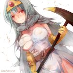  blue_hair boots breasts cape circlet cleavage dragon_quest dragon_quest_iii elbow_gloves gloves large_breasts long_hair red_eyes sage_(dq3) solo staff tears tiara torn_clothes yoshidau 