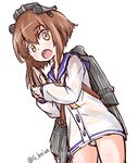  bangs beize_(garbage) brown_hair cowboy_shot dress headgear kantai_collection long_sleeves open_mouth panties pantyshot pantyshot_(standing) sailor_collar sailor_dress seed short_hair standing sunflower_seed teeth twitter_username underwear white_background white_panties yukikaze_(kantai_collection) 