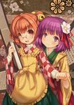  absurdres apron bell book bow checkered clothes_writing flower glasses hair_bell hair_flower hair_ornament hieda_no_akyuu highres holding_hands japanese_clothes kimono long_sleeves looking_at_viewer motoori_kosuzu multiple_girls open_mouth poly purple_eyes purple_hair red_eyes red_hair ribbon scroll short_hair smile touhou twintails wide_sleeves 
