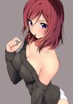  bare_shoulders blush breasts cleavage food from_side grey_background hair_between_eyes looking_at_viewer love_live! love_live!_school_idol_project matarou_(genkai_toppa) mouth_hold nishikino_maki no_bra no_pants off-shoulder_sweater off_shoulder panties pocky pocky_day purple_eyes red_hair revision ribbed_sweater solo sweater underwear white_panties 