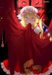  asymmetrical_hair asymmetrical_wings bat blonde_hair blush bow curtains dress flandre_scarlet hair_bow hat highres looking_at_viewer mob_cap red_dress red_eyes rosette_(roze-ko) side_ponytail signature sketch solo touhou window wings 