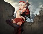  alisa_ilinichina_amiella armpits arms_up beret black_gloves black_legwear blonde_hair blue_eyes boots breasts broken_wall building concrete elbow_gloves fingerless_gloves gloves god_eater god_eater_2:_rage_burst hat huge_weapon ju_go_(toamariitutu) long_hair medium_breasts midriff navel open_clothes open_shirt plaid plaid_skirt pleated_skirt shirt sideboob skirt skyscraper sleeveless solo thigh_boots thighhighs underboob wall weapon zettai_ryouiki 