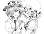  bow dress greyscale hair_bow hat holding_hands interlocked_fingers kokonoha_mikage looking_at_another maribel_hearn monochrome multiple_girls necktie open_mouth ribbon short_hair sketch smile touhou usami_renko 