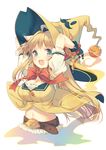  arms_up belt blonde_hair blush breasts cleavage frills hat large_breasts long_hair midriff navel open_mouth original simple_background smile solo witch_hat yamcha_(cocololi) yellow_eyes 