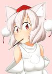  animal_ears bare_shoulders breasts detached_sleeves elu_butyo food food_in_mouth hat inubashiri_momiji looking_at_viewer pink_background pocky pom_pom_(clothes) red_eyes short_hair silver_hair simple_background small_breasts solo tokin_hat touhou wolf_ears 