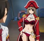  1boy 1girl amagi_brilliant_park bikini breasts brown_eyes brown_hair cleavage eyepatch hat highres jacket kyoto_animation large_breasts long_hair long_sleeves navel open_clothes open_jacket pirate pirate_hat red_bikini red_jacket screencap sento_isuzu standing swimsuit sword thighs weapon yellow_eyes 